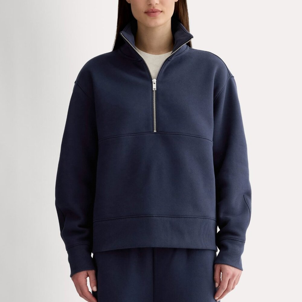 Everlane Women's Laid-Back Half-Zip Sweatshirt in Navy Blue, Size Large